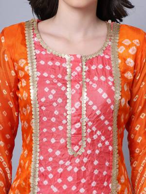 Festive Orange Pink Bandhani Kurti with Straight Pants and Dupatta 4