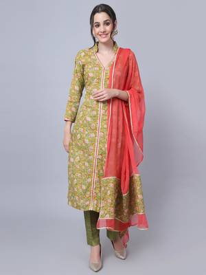 Mehendi Green Floral Kurti with Straight Pants and Dupatta 1