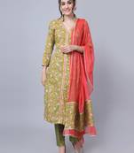 Mehendi Green Floral Kurti with Straight Pants and Dupatta