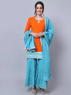 Warm Orange Short Kurti with Blue Gathered Sharara and Dupatta 1
