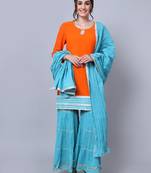 Warm Orange Short Kurti with Blue Gathered Sharara and Dupatta