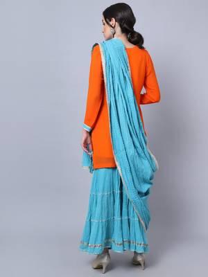 Warm Orange Short Kurti with Blue Gathered Sharara and Dupatta 2