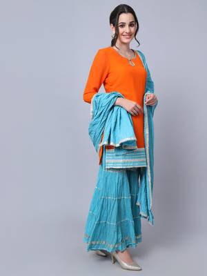 Warm Orange Short Kurti with Blue Gathered Sharara and Dupatta 3