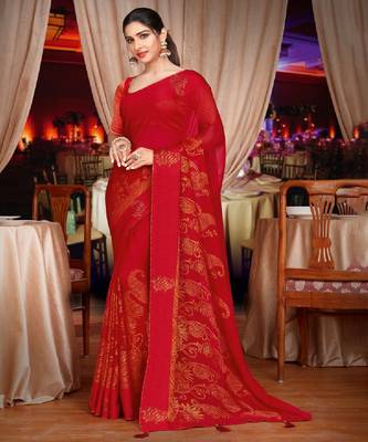 Dark Red Brasso Saree With Diamond Work And Tassel 1