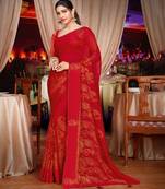 Dark Red Brasso Saree With Diamond Work And Tassel