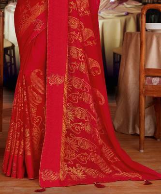 Dark Red Brasso Saree With Diamond Work And Tassel 3