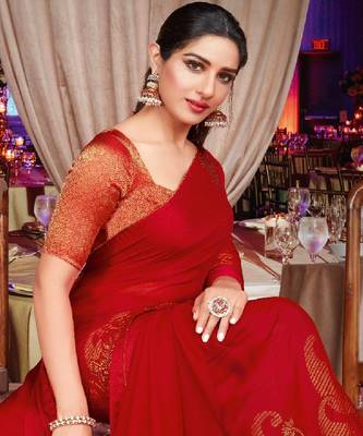 Dark Red Brasso Saree With Diamond Work And Tassel 4