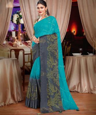 Turquoise And Grey Brasso Saree With Diamond Work And Tassel 1