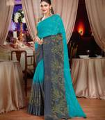 Turquoise And Grey Brasso Saree With Diamond Work And Tassel