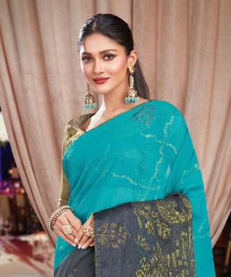 Turquoise And Grey Brasso Saree With Diamond Work And Tassel 2