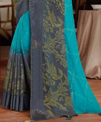 Turquoise And Grey Brasso Saree With Diamond Work And Tassel 3