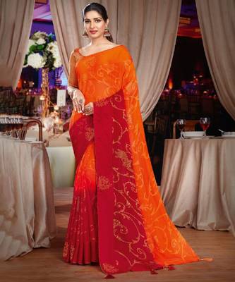 Orange And Red Brasso Saree With Diamond Work And Tassel 1