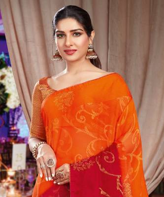 Orange And Red Brasso Saree With Diamond Work And Tassel 2