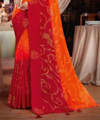 Orange And Red Brasso Saree With Diamond Work And Tassel 3