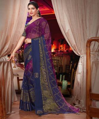 Purple And Blue Brasso Saree With Diamond Work And Tassel 1