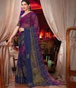Purple And Blue Brasso Saree With Diamond Work And Tassel