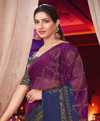 Purple And Blue Brasso Saree With Diamond Work And Tassel 2