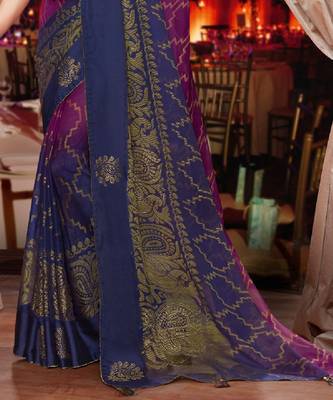 Purple And Blue Brasso Saree With Diamond Work And Tassel 3