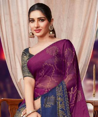 Purple And Blue Brasso Saree With Diamond Work And Tassel 4