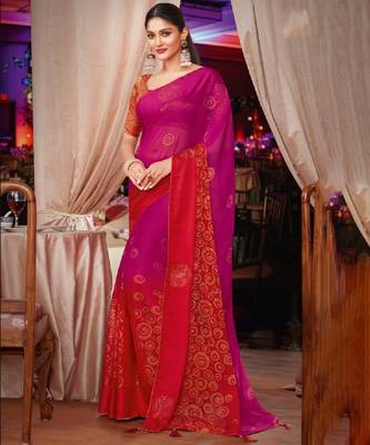 Violet And Red Brasso Saree With Diamond Work And Tassel 1