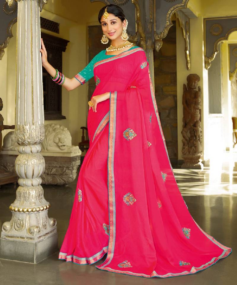 Dark Pink Chiffon Saree With Embroidery And Diamond Work