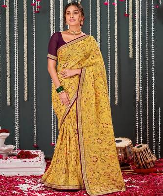 Light Mustard Crushed Brasso Saree With Foil Print And Zari Border 1