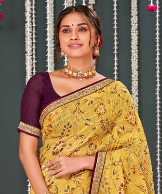Light Mustard Crushed Brasso Saree With Foil Print And Zari Border 2