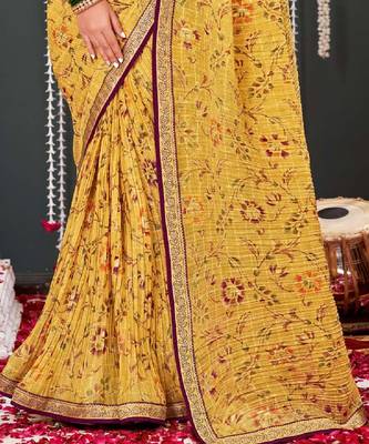 Light Mustard Crushed Brasso Saree With Foil Print And Zari Border 3