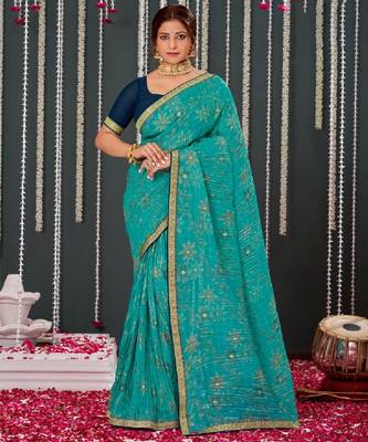 Teal Blue Crushed Brasso Saree With Foil Print And Zari Border 1