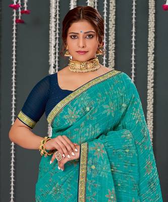 Teal Blue Crushed Brasso Saree With Foil Print And Zari Border 2
