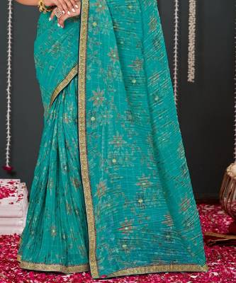 Teal Blue Crushed Brasso Saree With Foil Print And Zari Border 3