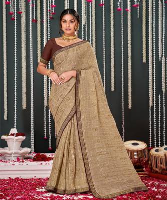 Beige Crushed Brasso Saree With Foil Print And Zari Border 1
