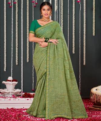 Light Olive Crushed Brasso Saree With Foil Print And Zari Border 1