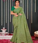 Light Olive Crushed Brasso Saree With Foil Print And Zari Border