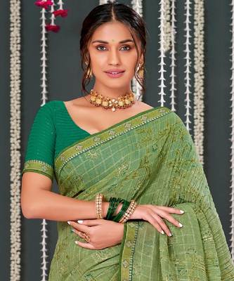 Light Olive Crushed Brasso Saree With Foil Print And Zari Border 2