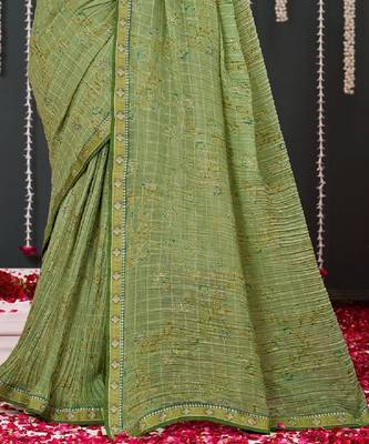 Light Olive Crushed Brasso Saree With Foil Print And Zari Border 3