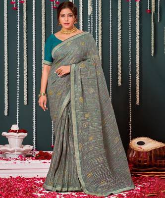 Grey Crushed Brasso Saree With Foil Print And Zari Border 1