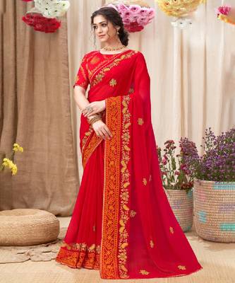 Red Chiffon Saree With Embroidery Work And Fancy Border 1