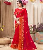 Red Chiffon Saree With Embroidery Work And Fancy Border