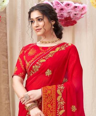 Red Chiffon Saree With Embroidery Work And Fancy Border 2