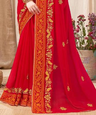 Red Chiffon Saree With Embroidery Work And Fancy Border 3