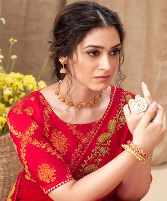 Red Chiffon Saree With Embroidery Work And Fancy Border 4