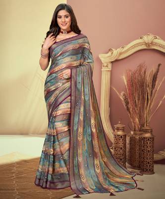 Multi Printed Brasso Saree With Tassel 1