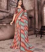 Pastel Red Patterned Chiffon Digital Print And Designer Saree