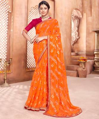 Dark Orange Brasso Saree With Foil Print And Zari Border 1