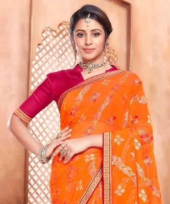 Dark Orange Brasso Saree With Foil Print And Zari Border 2