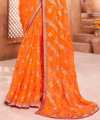 Dark Orange Brasso Saree With Foil Print And Zari Border 3