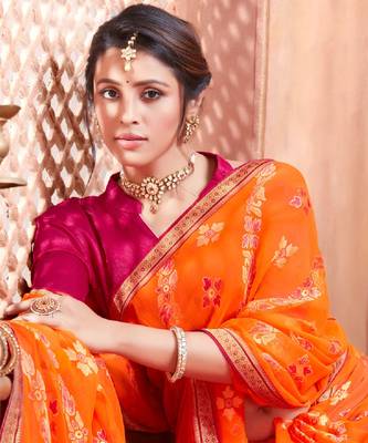 Dark Orange Brasso Saree With Foil Print And Zari Border 4
