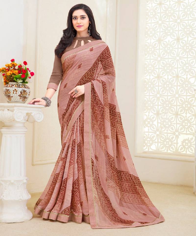 Dirty Pink Patterned Georgette Printed Saree With Fancy Border