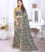 Grey Printed Chiffon Saree With Fancy Border